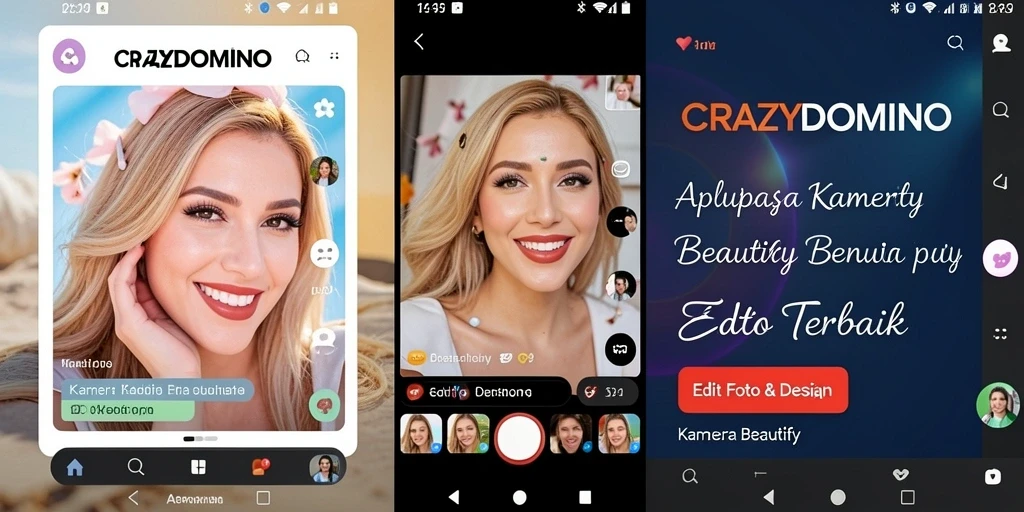 Antarmuka pengguna <strong>CRAZYDOMINO</strong> dengan fitur Kamera Beautify yang menarik.