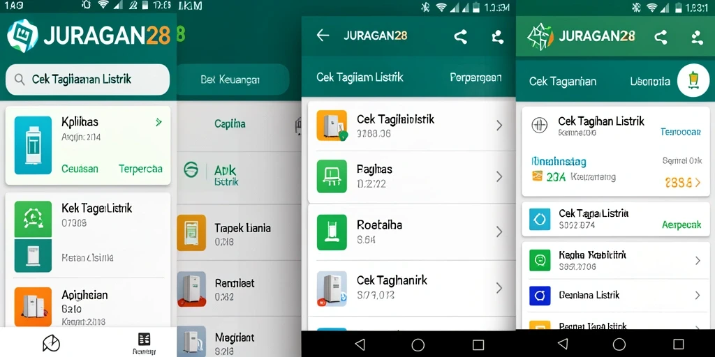 Antarmuka aplikasi JURAGAN28 yang menampilkan fungsi Cek Tagihan Listrik.