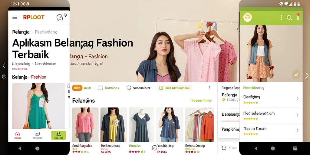 Screenshot utama aplikasi RPLOOT dengan tampilan produk fashion.